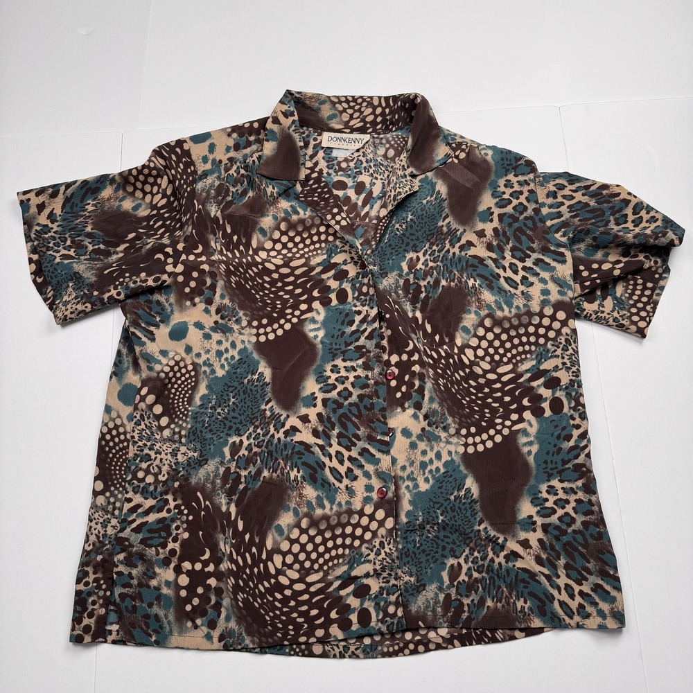Donnkenny Shirt Womens 1x XL Brown Teal Abstract Animal Print Button Front Top